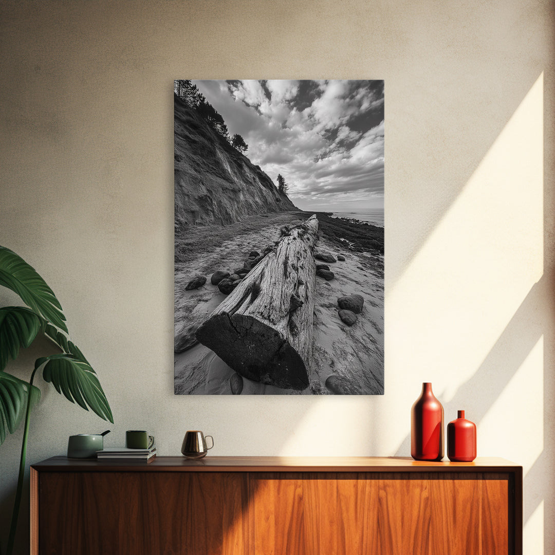 Driftwood Coastal Trail, Cliffside Path Nature Art, Rustic Cabin Style, Black White Photography, Framed Canvas Print, Hallway Wall Decor
