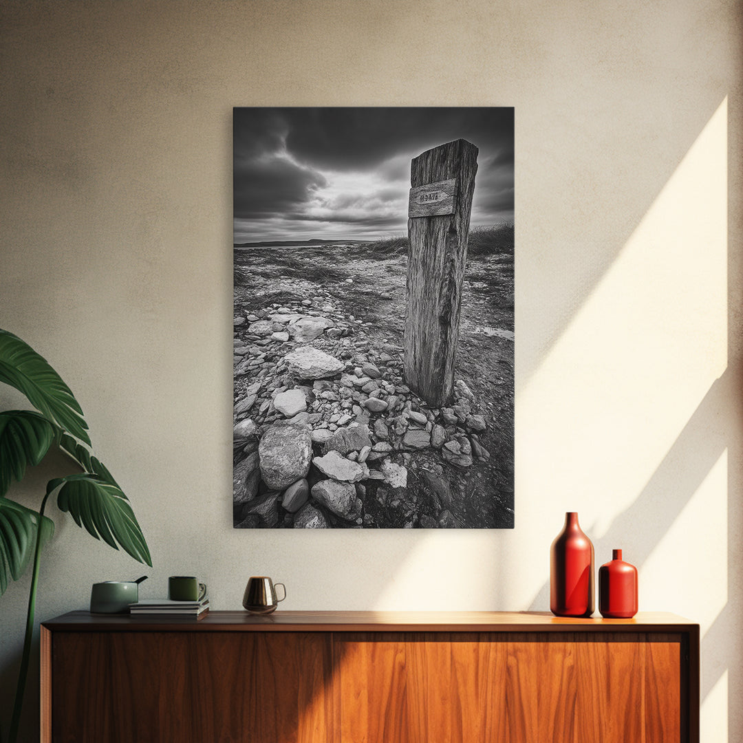 Weathered Exit, Symbolic Marker, Coastal Path, Canvas Print, Rustic Wall Art, Moody Landscape Decor, Entryway Statement Piece