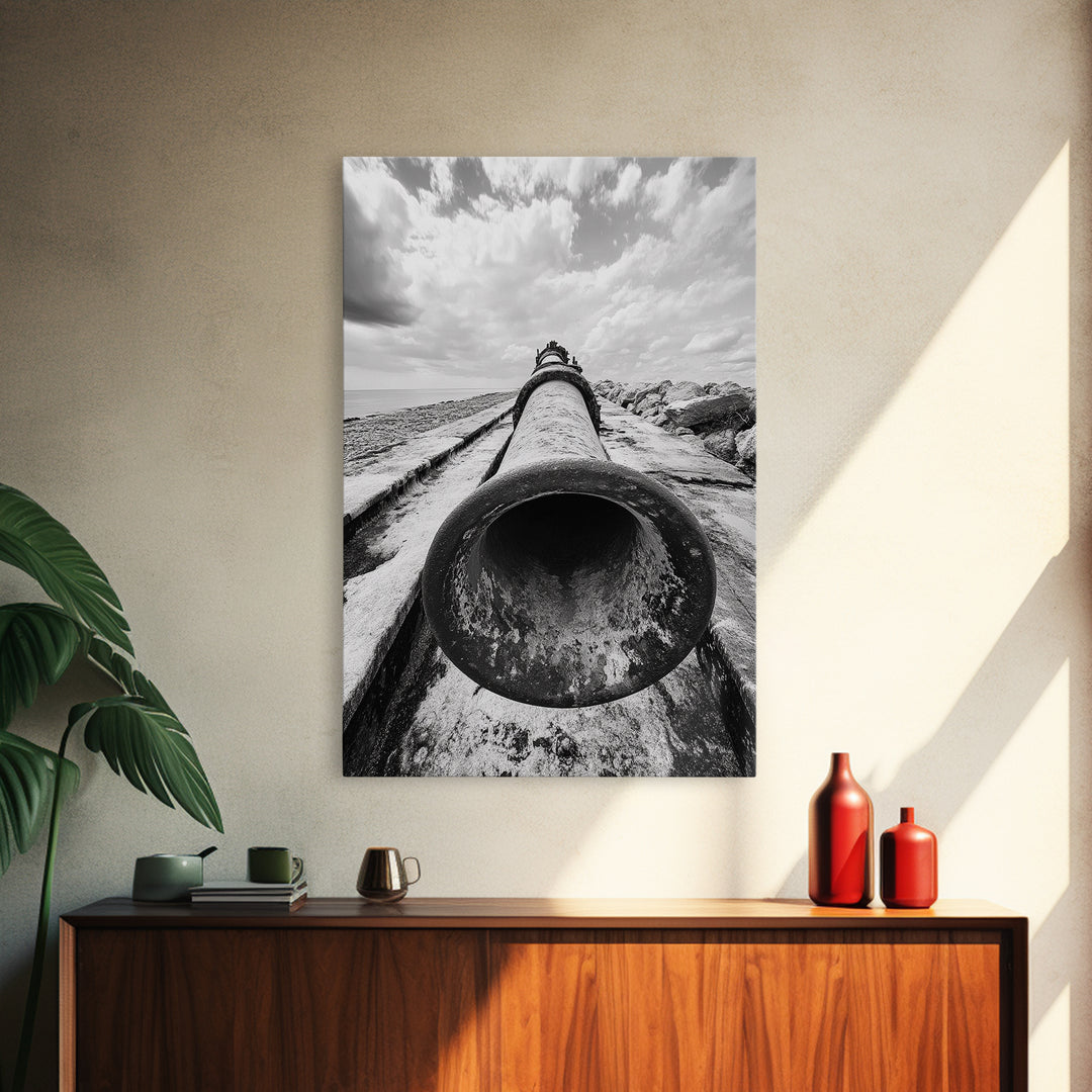 Abandoned Pipe, Coastal Decay, Industrial Remains, Framed Canvas Print, Urban Exploration Art, Gritty Minimalist Decor