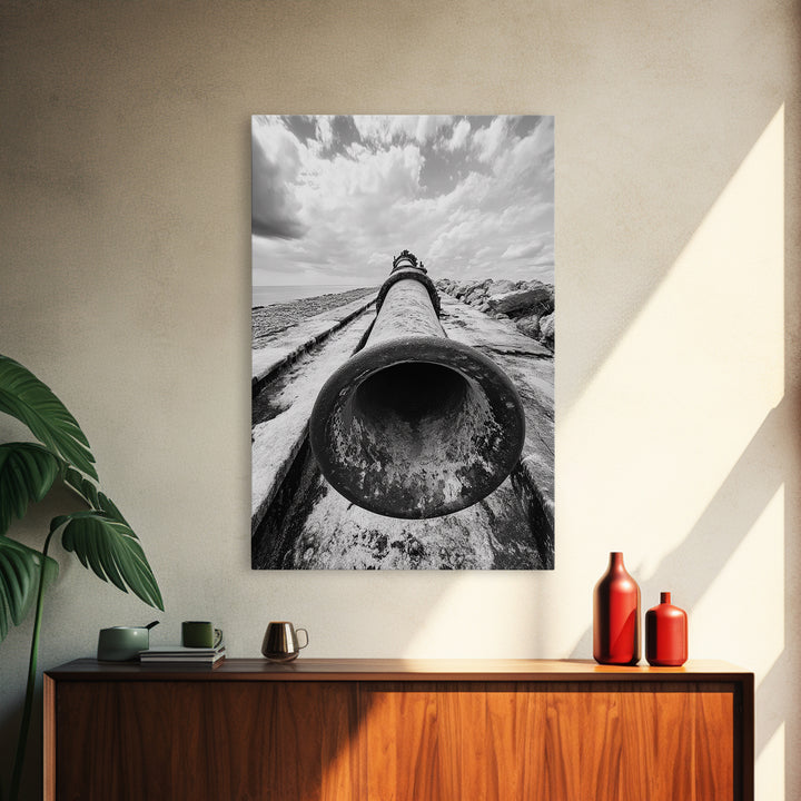 Abandoned Pipe, Coastal Decay, Industrial Remains, Framed Canvas Print, Urban Exploration Art, Gritty Minimalist Decor