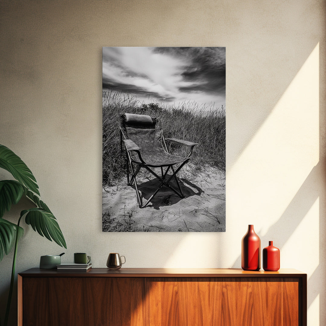 Deserted beach chair, quiet coast vibes, windswept scene, peaceful solitude, Canvas Print, hallway decor, rustic retreat outdoor artwork