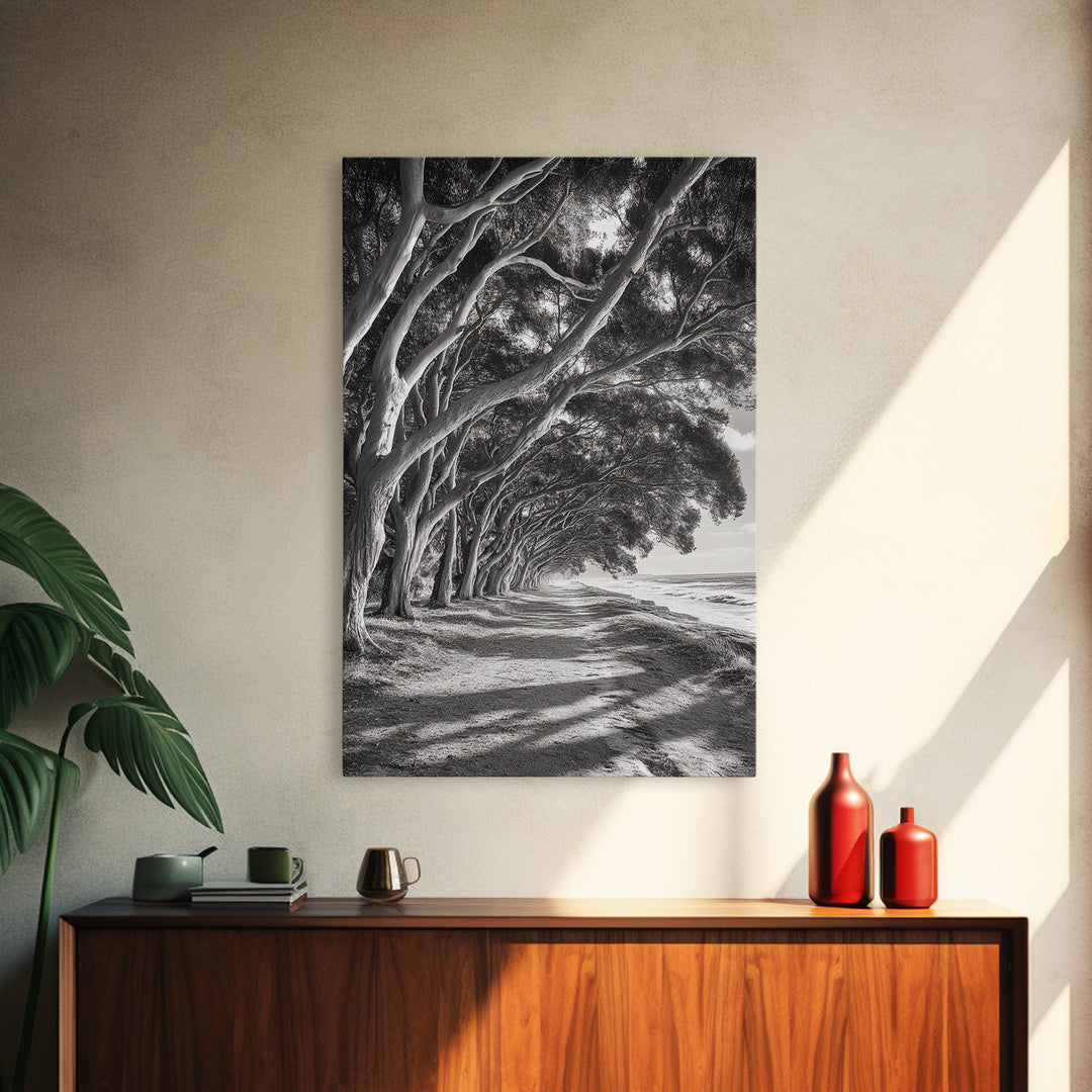 Coastal Tree Path, Nature Shadows, Ocean Breeze, Autumn Light, Framed Canvas Print, Living Room Wall Art, Moody Landscape Photography