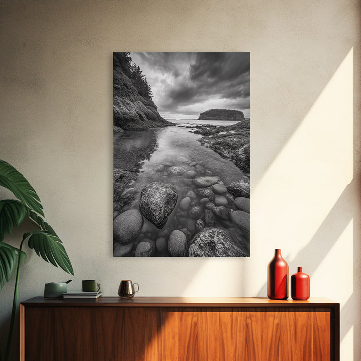 Rocky Shoreline Calm, Pebble Tidepool, Ocean Cliffs, Nature Escape, Canvas Print, Bathroom Wall Art, Black and White Coastal Art