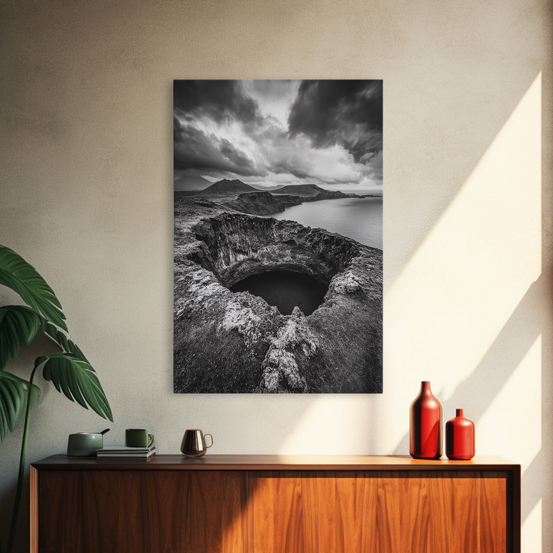 Crater Overlook Coast, Stormy Sky Mountains, Ocean Cliffs, Rugged Wilderness, Canvas Print, Den Wall Art, Moody Black and White Art