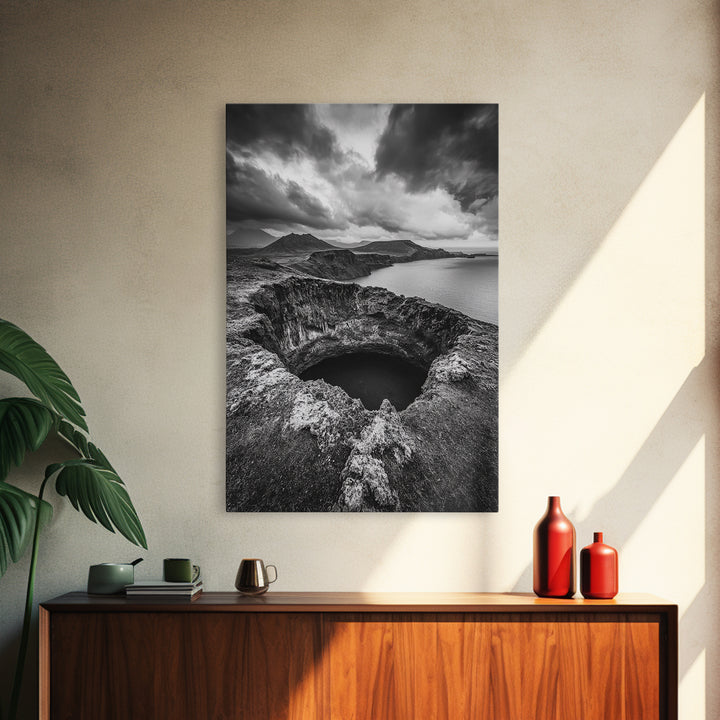 Crater Overlook Coast, Stormy Sky Mountains, Ocean Cliffs, Rugged Wilderness, Canvas Print, Den Wall Art, Moody Black and White Art