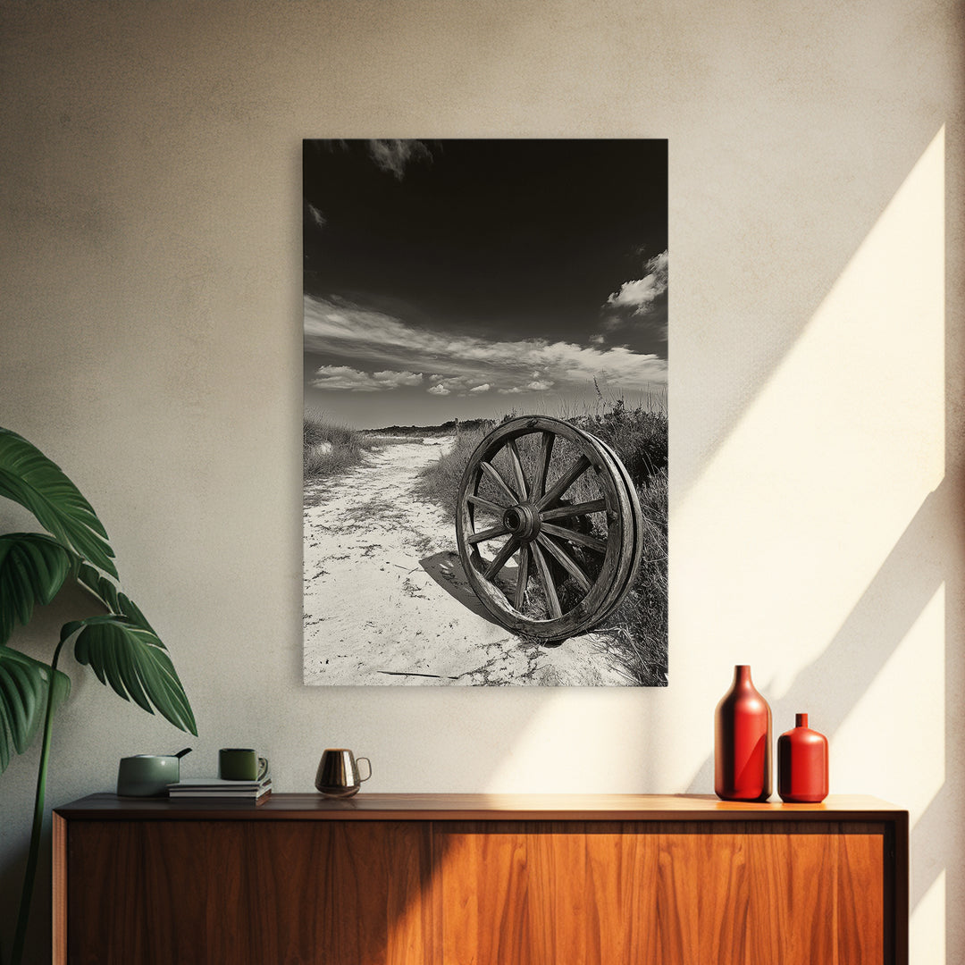 Desert Path, Wagon Wheel, Western Minimalism, Canvas Print, Boho Wall Decor, Neutral Tones, Entryway Art, Rustic Country Style