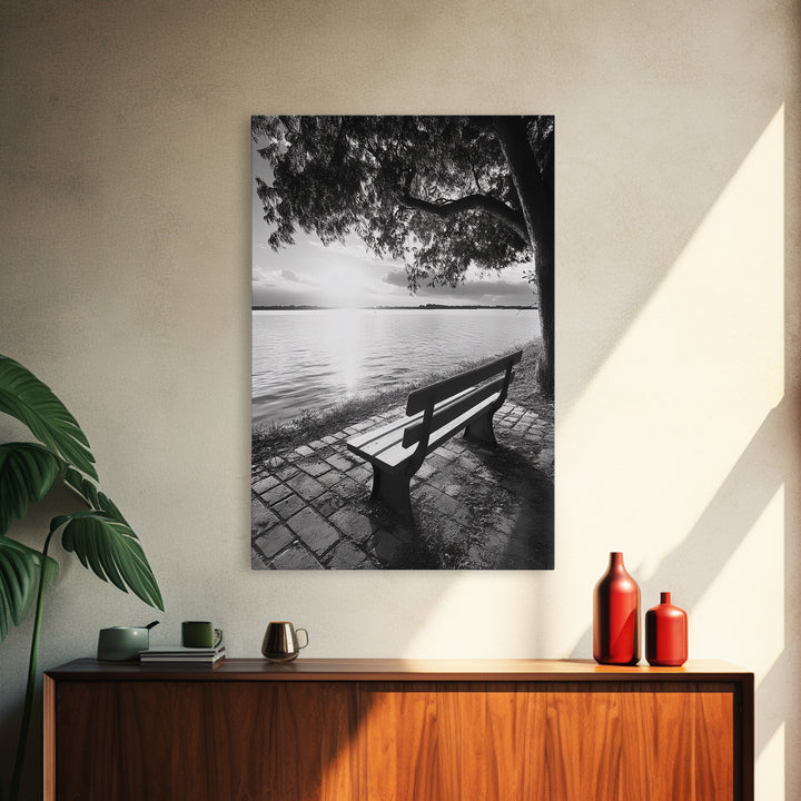 Peaceful Lake Bench, Tranquil Sunrise, Tree Shade View, Nature Serenity, Framed Canvas Print, Minimalist Art, Bedroom Wall Decor