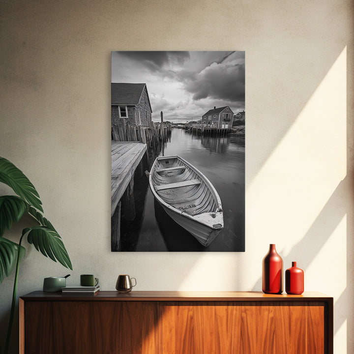 Docked Rowboat Scene, Calm Harbor, Coastal Village, Still Waters, Framed Canvas Print, Seaside Art, Beach House Wall Decor