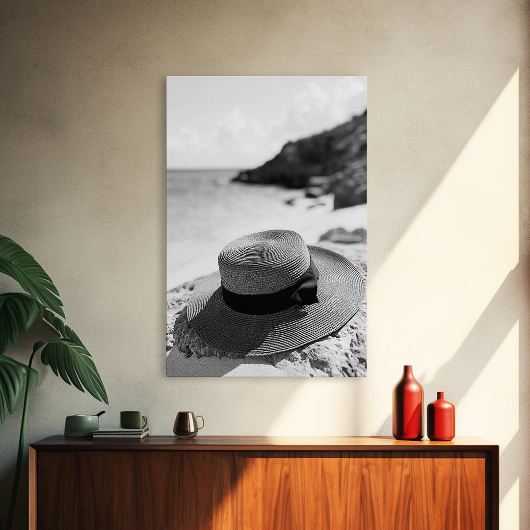 Beach Hat Closeup, Seaside Fashion, Coastal Breeze, Relaxed Mood, Framed Canvas Print, Minimalist Beach Art, Summer Home Decor