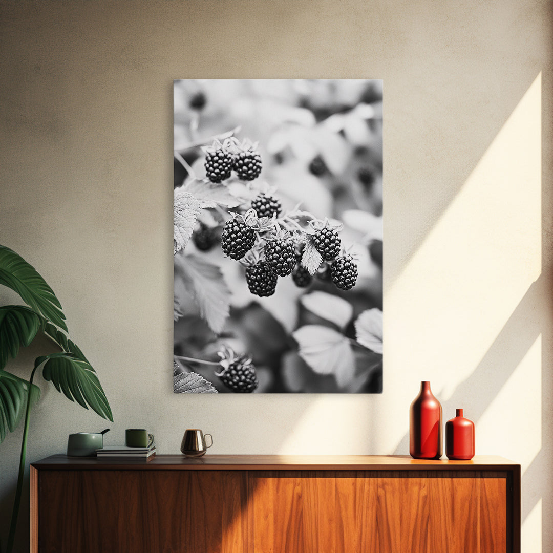 Blackberries in Bloom, Ripe Fruit Closeup, Garden Harvest, Natural Beauty, Framed Canvas Print, Farmhouse Kitchen Art, Fall Decor