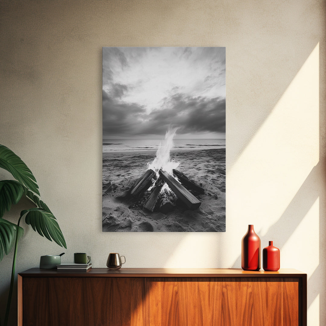Beach bonfire moment, soft flame serenity, ocean dusk, coastal camp vibes, Framed Canvas Print, Fall decor, hygge inspired wall decor