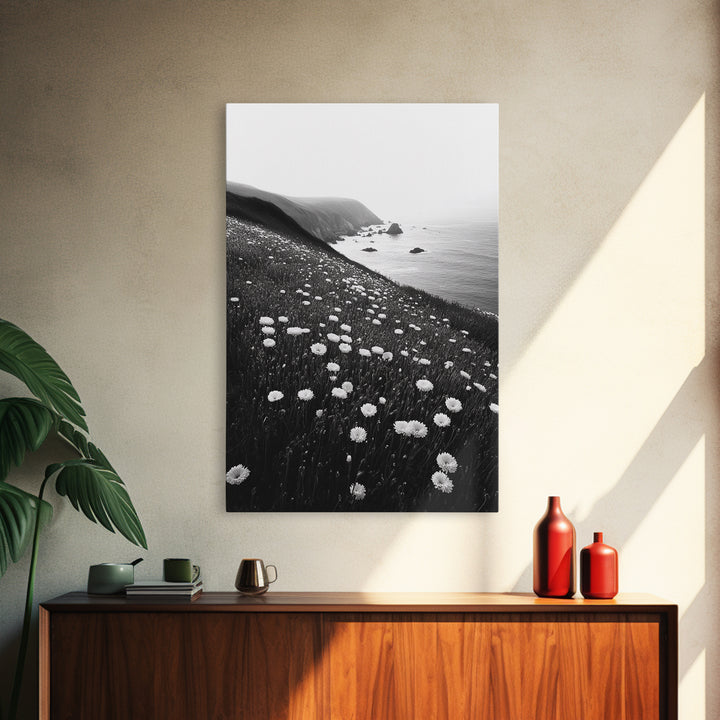 Daisy Cliffside Bloom, Coastal Flowers, Peaceful Nature Scene, Framed Canvas Print, Bedroom Wall Art, Botanical Decor, Minimalist Style