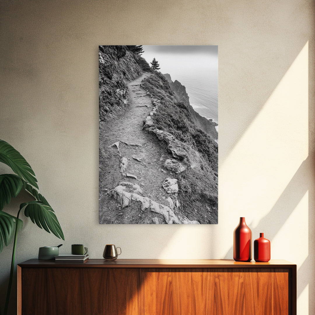 Rocky Cliff Trail, Coastal Hiking, Rugged Landscape, Nature Adventure Art, Framed Canvas Print, Cabin Wall Decor, Black and White Aesthetic