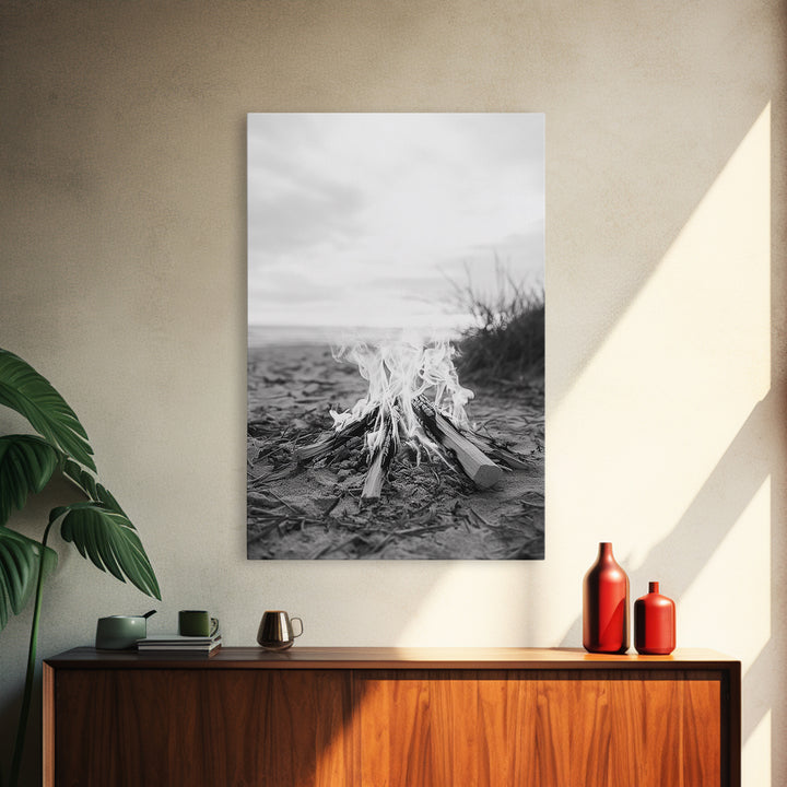 Campfire, Beach, Smoke, Glow - Cozy outdoor scene with flickering flame, Canvas Print, perfect rustic cabin or camping decor, Autumn Wall Art