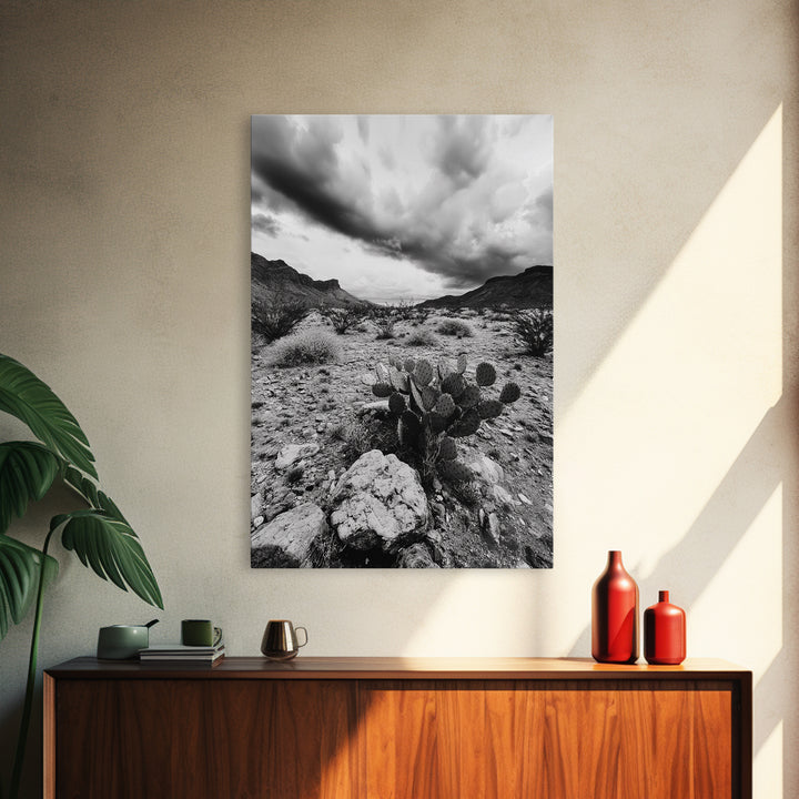 Desert Storm, Cactus Scene, Black White Art, Canvas Print, Southwest Wall Art, Earthy Tones Decor, Boho Style, Entryway Wall Accent