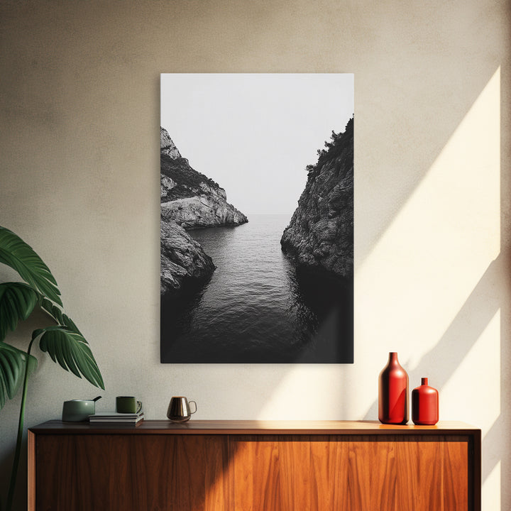 Cliffs, Ocean, Channel, Serenity - Dramatic rocky inlet view, Framed Canvas Print, ideal bathroom or hallway wall art, nature lover minimalist
