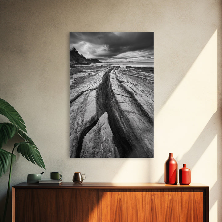 Coastal Rock Divide, Nature Pathway, Moody Beach Print, Living Room Decor, Framed Canvas Print, Minimalist Earthy Wall Art, Den Decor