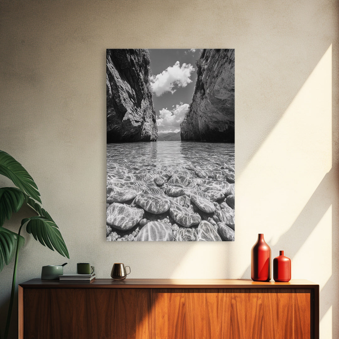 Clear Waterscape, Rocky Shoreline, Tropical Escape, Nature Photography, Framed Canvas Print, Beach House Coastal Wall Art