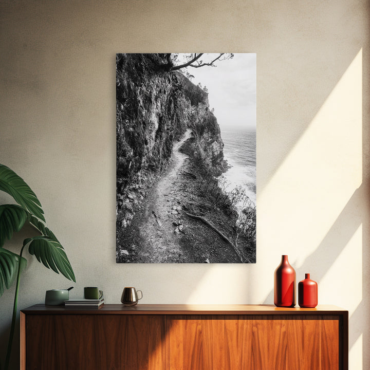 Cliffside Trail, Seaside Path, Coastal Adventure, Outdoor Photography, Framed Canvas Print, Cabin Nature Lover Wall Art, Bedroom Wall Art