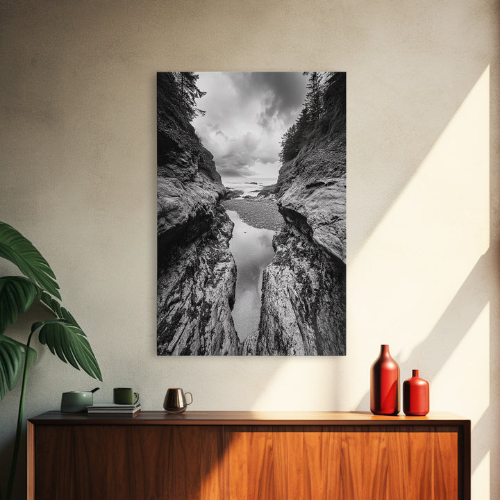 Ocean Ravine, Rugged Coastline, Pacific Wilderness, Stormy Seascape, Framed Canvas Print, Adventure Wall Art, Nature Home Decor