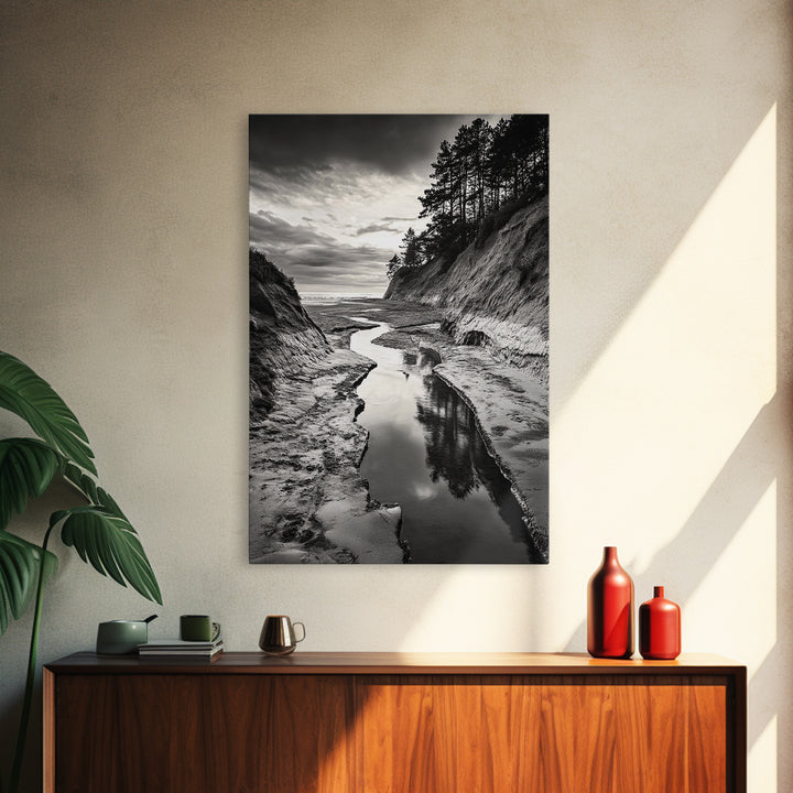 River Canyon, Dramatic Sky, Nature Pathway, Canvas Print, Adventure Wall Art, Cabin Decor, Black White Landscape Photography