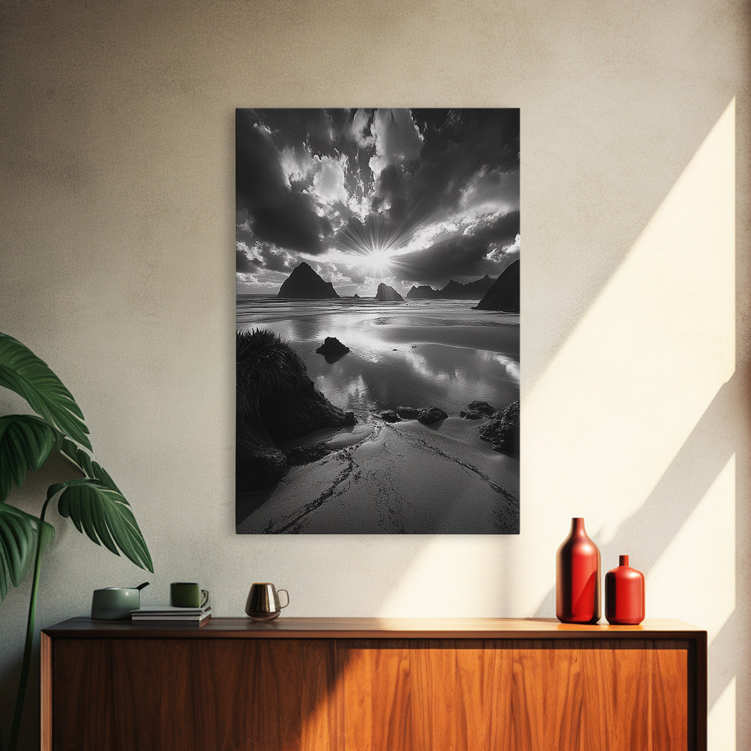 Dramatic Ocean Sunset, Coastal Mountains, Seascape Photography, Canvas Print, Stormy Sky Art, Living Room Focal Wall Decor