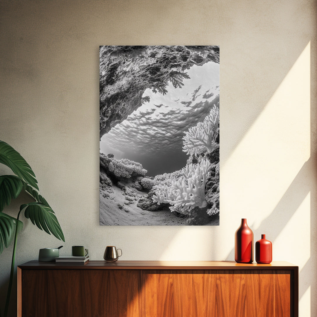 Coral Reef Underwater, Ocean Photography, Marine Nature Scene, Framed Canvas Print, Bathroom Wall Art, Coastal Minimalist Decor