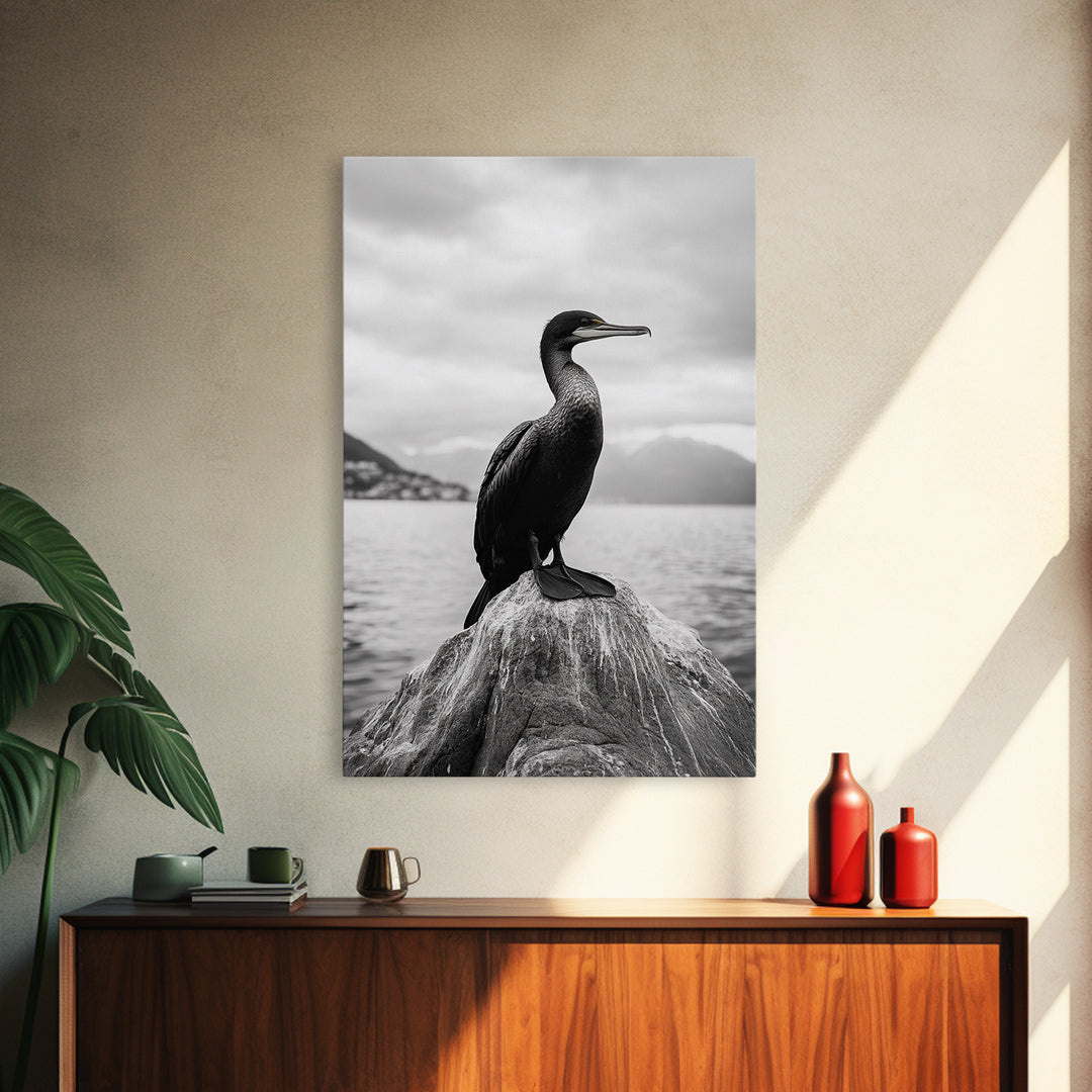 Coastal Bird Portrait, Nature Minimalism, Lake Decor, Monochrome Wildlife, Framed Canvas Print, Bedroom Wall Art, Bird Photography Print