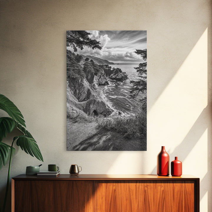 Coastal Cliff, Ocean View, Rocky Shoreline, Framed Canvas Print, Black and White Art, Coastal Living Wall Decor, Nature Landscape Art