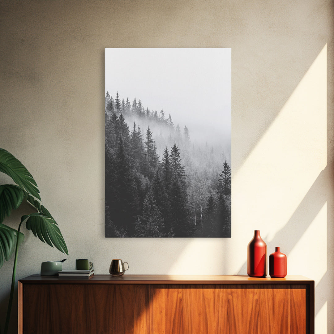 Misty Forest, Pine Trees, Foggy Morning, Canvas Print, Moody Nature Wall Art, Nordic Bedroom Decor, Monochrome Forest Landscape