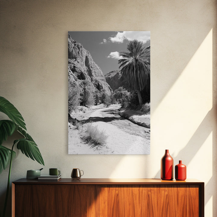 Desert Oasis, Palm Trees, Canyon Trail, Framed Canvas Print, Nature Photography Art, Warm Boho Wall Decor, Rustic Entryway Accent