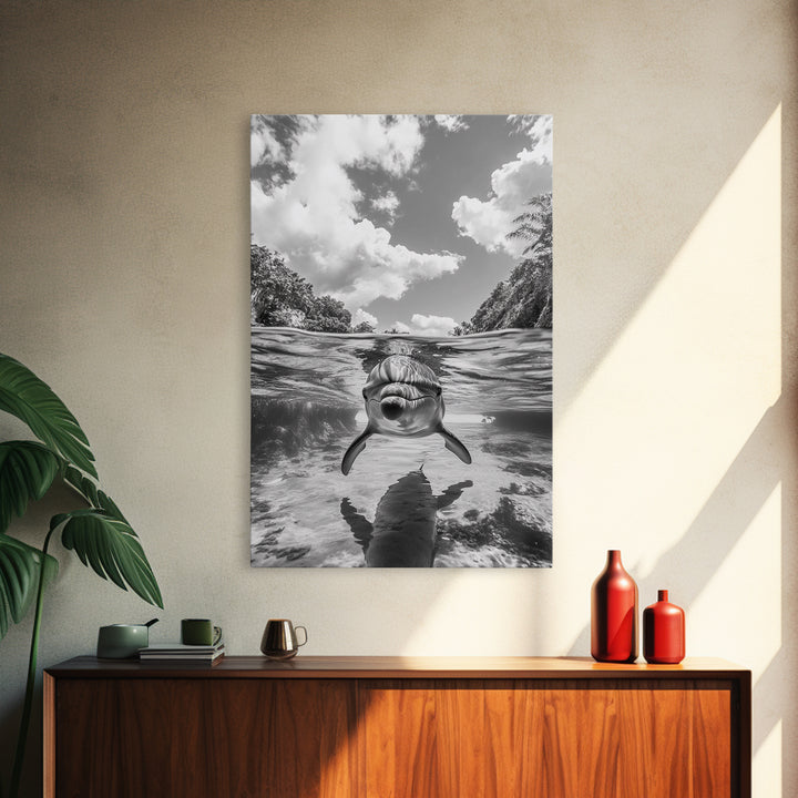 Dolphin Play, Ocean Joy, Underwater View, Canvas Print, Nautical Wall Art, Coastal Bathroom Decor, Playful Beach House Style