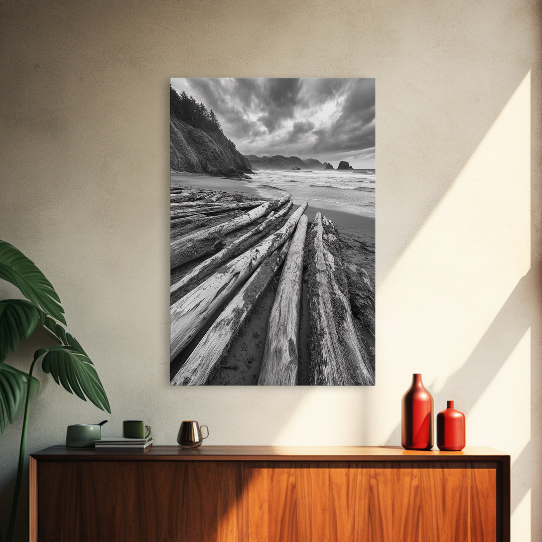 Driftwood Beach, Coastal Logs, Wild Shore, Canvas Print, Rustic Ocean Wall Art, Cabin Bathroom Decor, Nature Inspired Photography