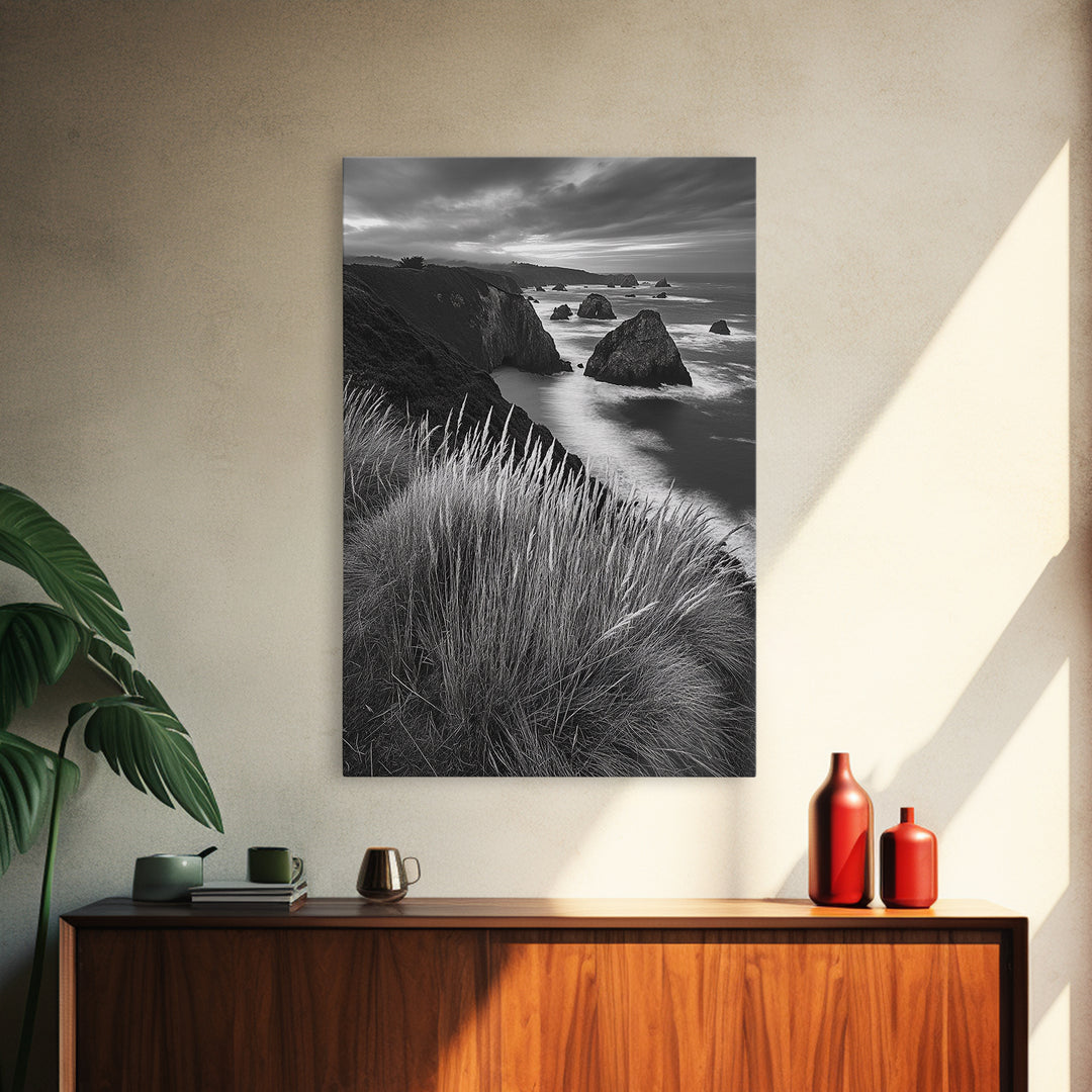 Coastal Cliffs, Ocean Rocks, Tall Grass, Canvas Print, Windswept Landscape Art, Beach House Wall Decor, Monochrome Nature Scene