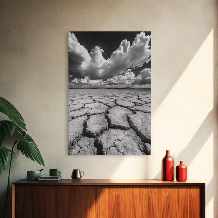 Cracked Earth, Storm Sky, Desert View, Framed Canvas Print, Dramatic Landscape Art, Modern Living Room Decor, Moody Minimalist Wall Art