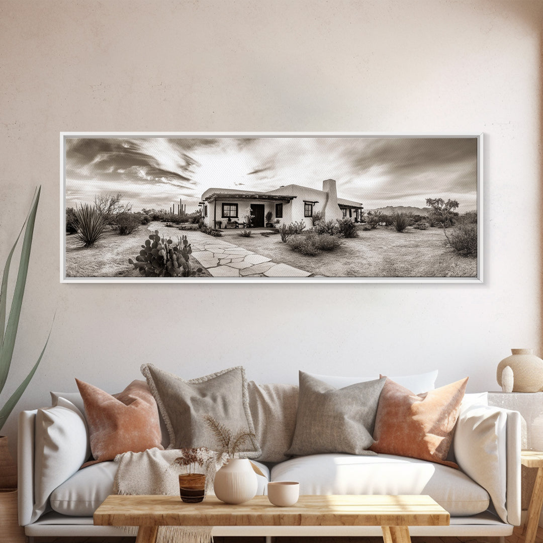Desert Home, Adobe House, Rustic Pathway, Cactus Garden, Framed Canvas Print, Southwestern Decor, Living Room Wall Art, Western Aesthetic