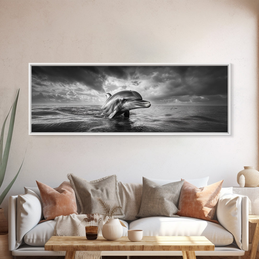 Dolphin Ocean Art, Playful Sea Animal Print, Modern Coastal Decor, Framed Canvas Print, Bathroom Wall Art, Nature Photography
