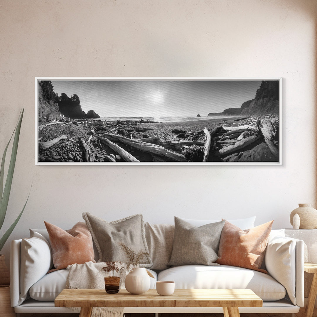 Coastal Driftwood Scene, Rugged Ocean Beach, Moody Nature Landscape, Framed Canvas Print, Rustic Wall Decor, Fall Coastal Photography