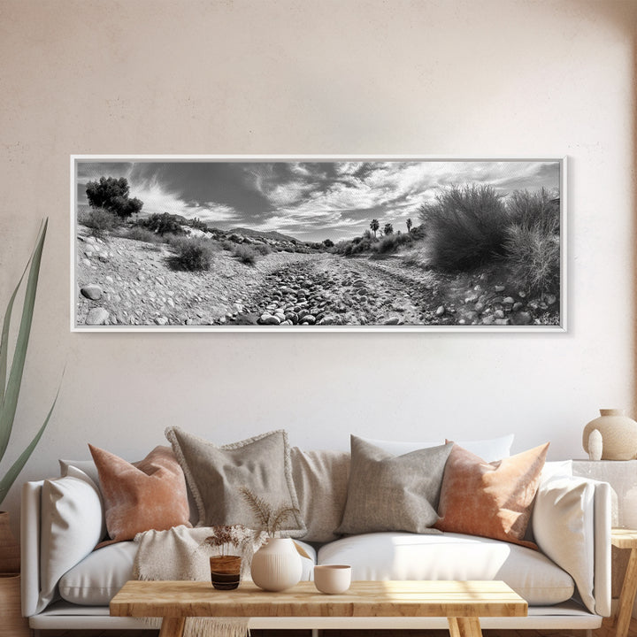 Desert Streambed Path, Dry River Landscape, Southwest Nature Print, Framed Canvas Print, Earthy Living Room Art, Modern Western Decor