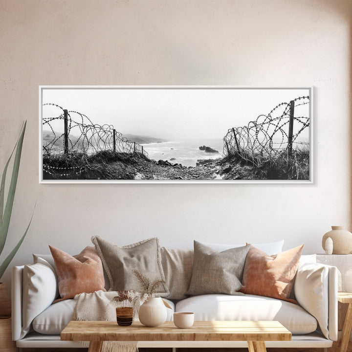 Barbed Coast, Foggy Beach, War Fence, Ocean Boundary, Framed Canvas Print, Industrial Wall Art, Living Room Decor, Black and White Art