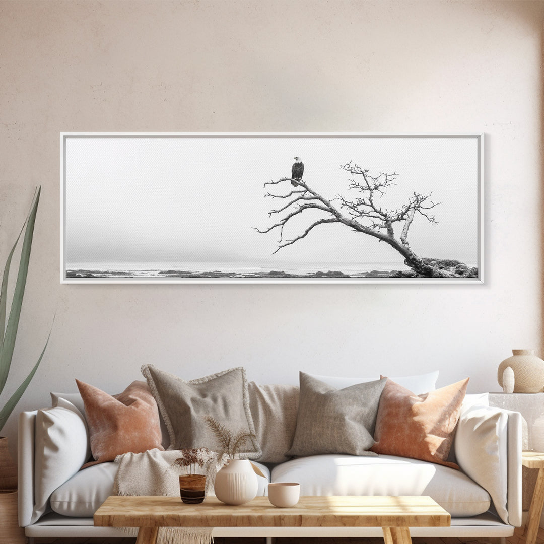 Bald Eagle, Tree Perch, Foggy Coast, Framed Canvas Print, Wildlife Photography, Cabin Wall Art, Rustic Minimalist Decor
