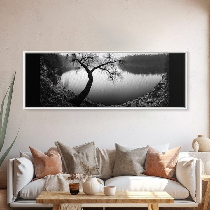 Curved Tree, Still Lake, Moody Landscape, Framed Canvas Print, Modern Nature Photography, Fall Home Decor, Living Room Art