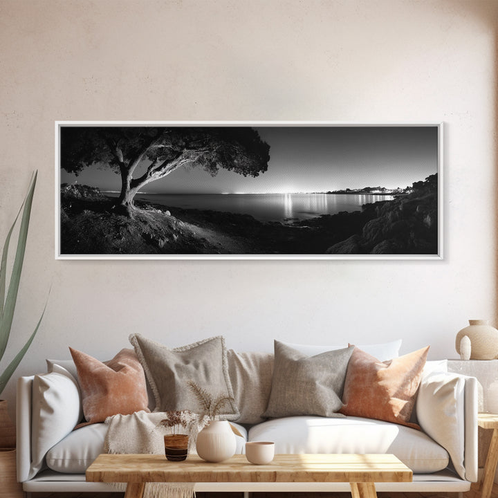 Coastal Night, Tree Silhouette, City Horizon, Framed Canvas Print, Moody Landscape Art, Modern Living Room Wall Decor