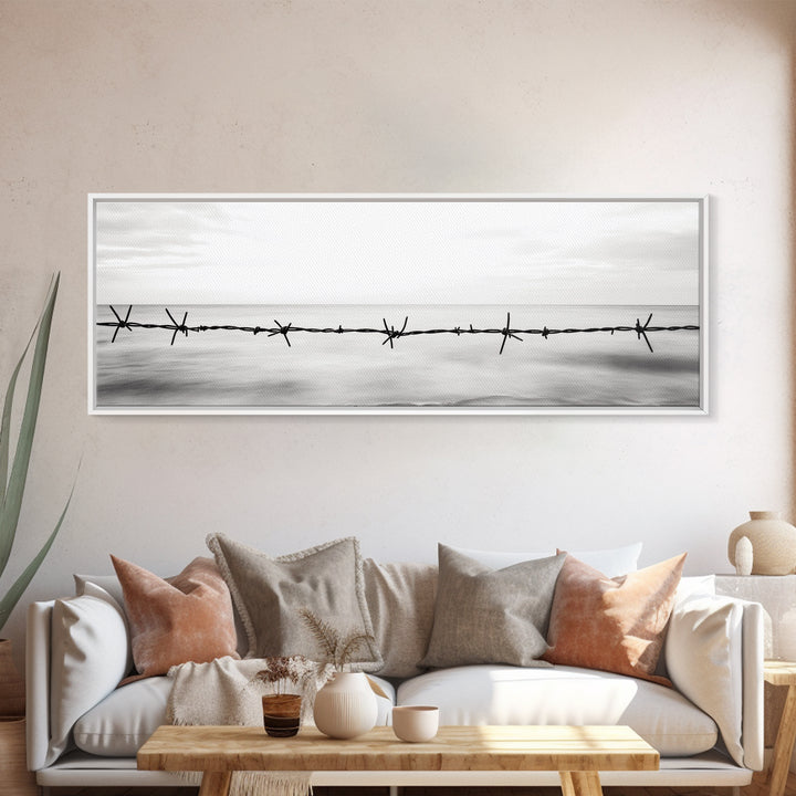 Barbed Wire, Ocean Horizon, Minimal Seascape, Stark Contrast, Framed Canvas Print, Modern Office Art, Minimalist Style, Black and White Art