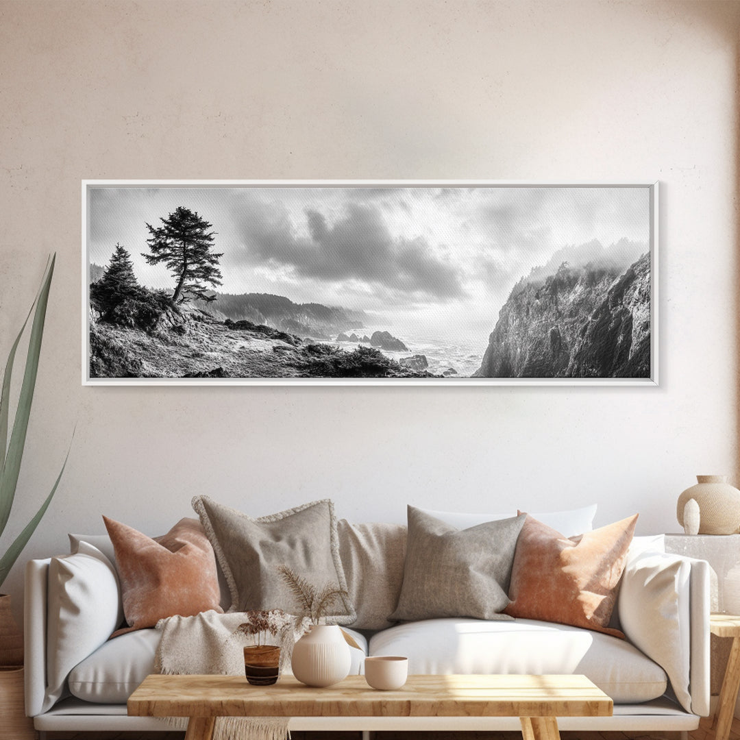 Ocean Cliff, Pine Trees, Foggy Coast, Canvas Print, Dramatic Nature Wall Art, Rustic Cabin Decor, Black and White Landscape