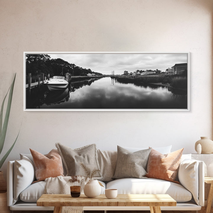 Boat Dock, Quiet Bay, Marina Reflections, Framed Canvas Print, Nautical Wall Art, Lakehouse Decor, Minimalist Coastal Vibes, Black White Art