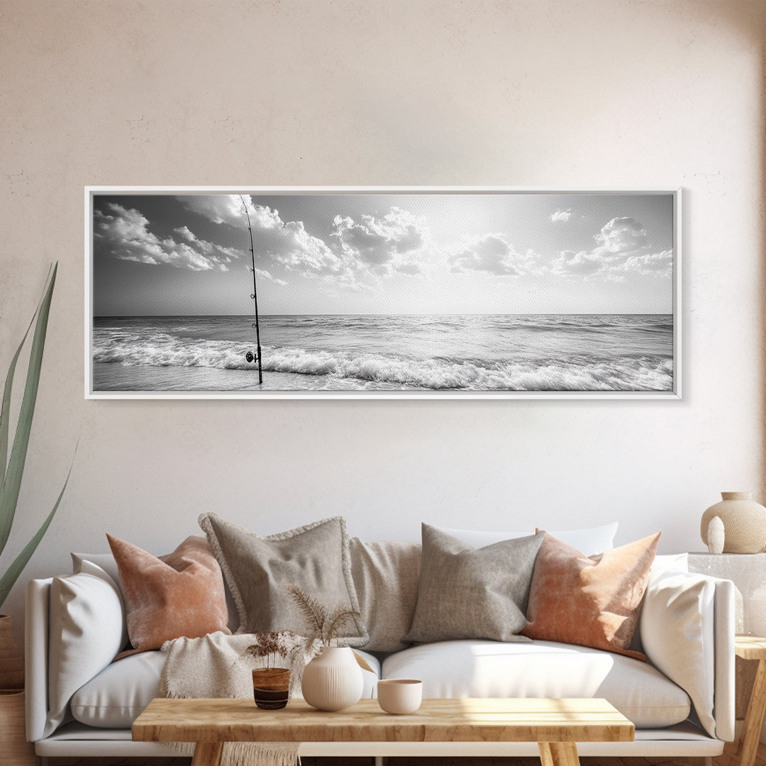 Beach Fishing, Ocean Waves, Rod and Reel, Framed Canvas Print, Coastal Living Wall Art, Minimalist Nautical Decor, Beach House Aesthetic