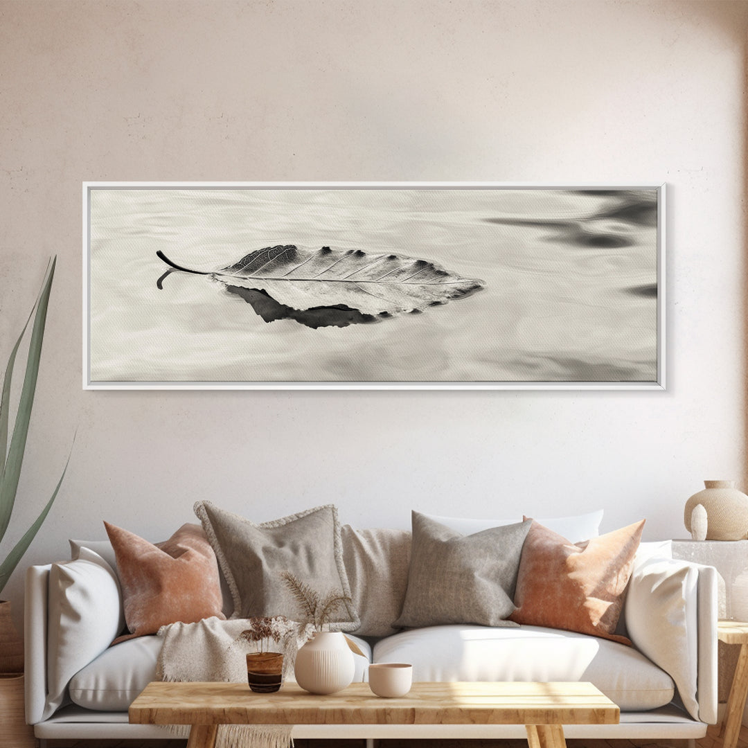 Autumn Leaf, Water Reflection, Nature Minimalism, Floating Stillness, Framed Canvas Print, Fall Wall Art, Neutral Tones, Bathroom Decor