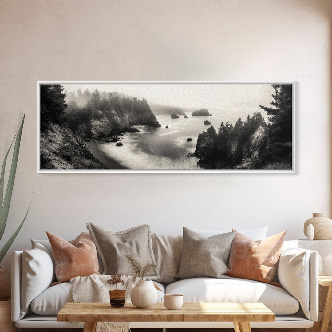 Ocean Rocks, Foggy Horizon, Coastal Cliffs, Dreamy Seascape, Canvas Print, Moody Nature Art, Living Room Wall Art, Coastal Minimalism