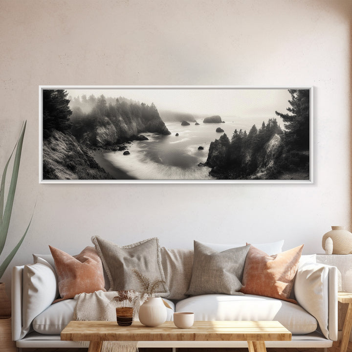 Ocean Rocks, Foggy Horizon, Coastal Cliffs, Dreamy Seascape, Canvas Print, Moody Nature Art, Living Room Wall Art, Coastal Minimalism